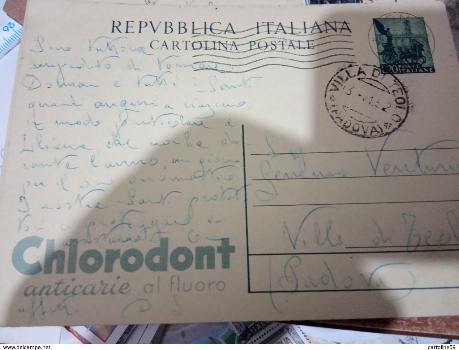 INTERO POSTALE L.20 QUADRIGA 1952 CHLORODONT D A VILLA DI TEOLO  PD   HF1197 - Postwaardestukken