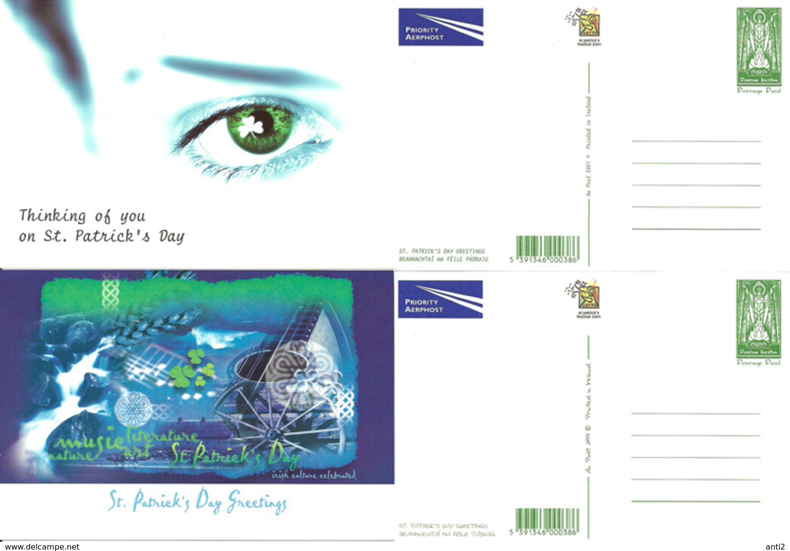 Ireland  2001 Cards For St. Patrick's Day Greetings, With Imprinted Stamp St. Patrick, 4 Cards - Cartas & Documentos