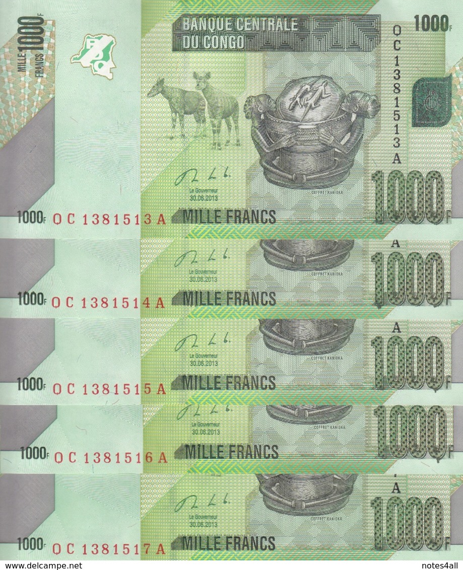 CONGO 1000 FRANCS 2013 P-101 LOT X5 UNC NOTES */* - Repubblica Democratica Del Congo & Zaire