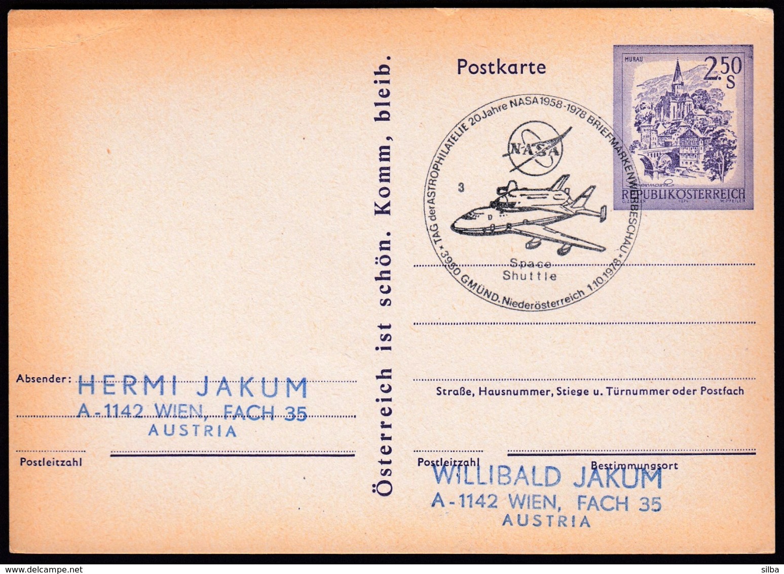 Austria Gmund 1978 / Philatelic Exhibition, Astrophilatelie Tag / Space, NASA 20 Years, Space Shuttle / Cancel No. 3 - North  America