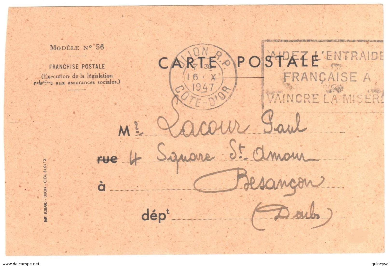 DIJON Côte D'or Carte En Franchise Postale Législation Assurances Sociales  RÉCÉPISSÉ Ministère Travail Ob Meca 1947 - Frankobriefe