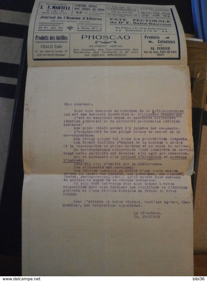 FRANCE LETTRE ANNONCE ALLIANCE ECONOMIQUE PUBLICITE AUTOMOBILE PNEU MACHINE AGRICOLE SAVON BARBE VIN TAPIS COGNAC CIRAGE - Autres & Non Classés