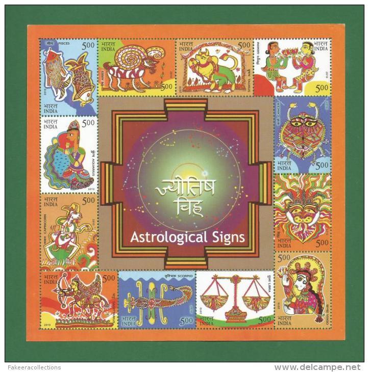 INDIA 2010 - ASTROLOGICAL SIGNS - 12v Miniature Sheet MNH ** - INDE Zodiac, Drawing, Illustration - As Scan - Astrología