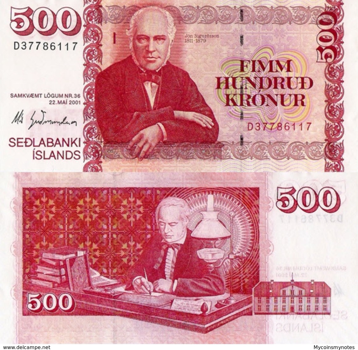 ICELAND 500 KRONUR 2001 P59, UNC " Jon Sigurosson" - IJsland