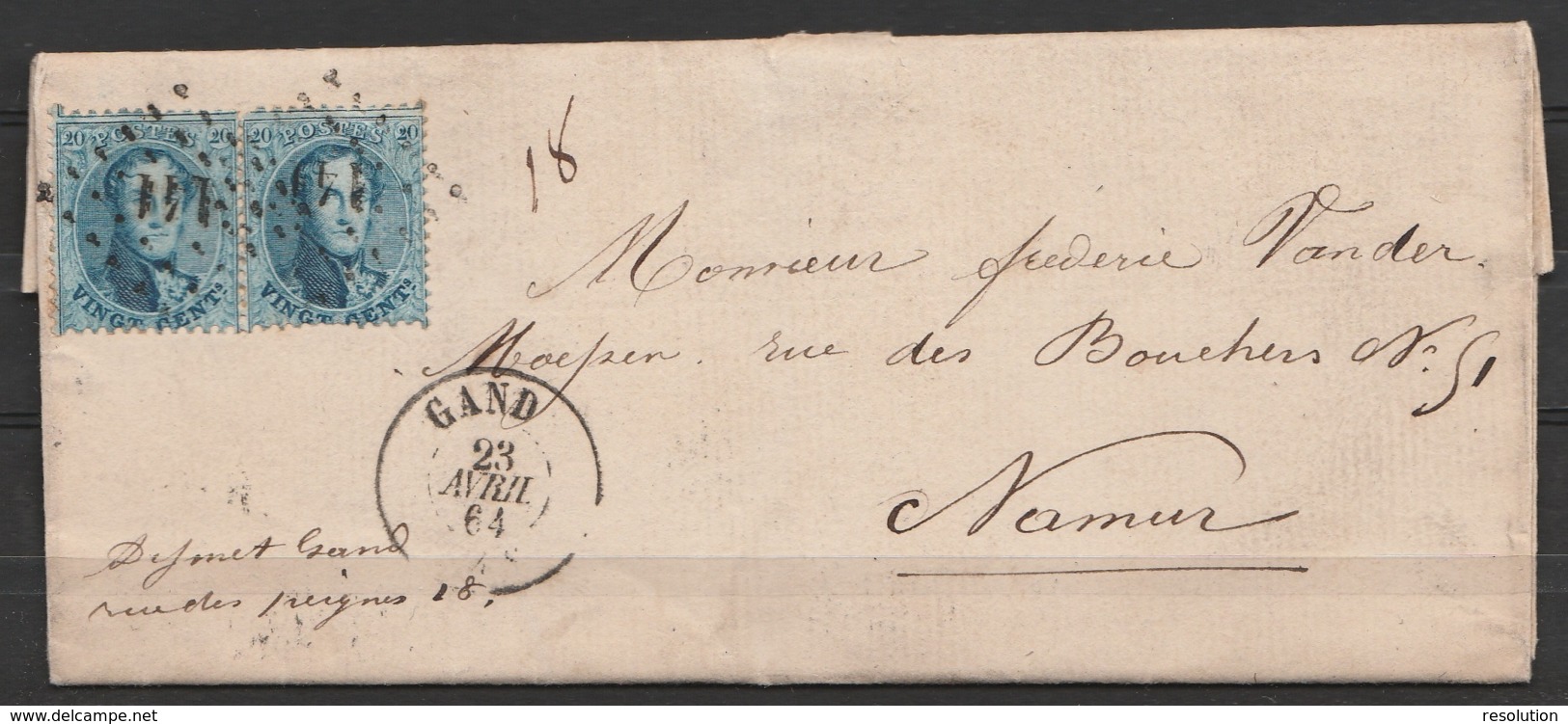 LSC Affr. N°15A (paire) Lpts "141" Càd GAND /23 AVRIL 1864 Pour NAMUR (man.poids 18gr) (au Dos: Càd NAMUR) - 1863-1864 Medallions (13/16)