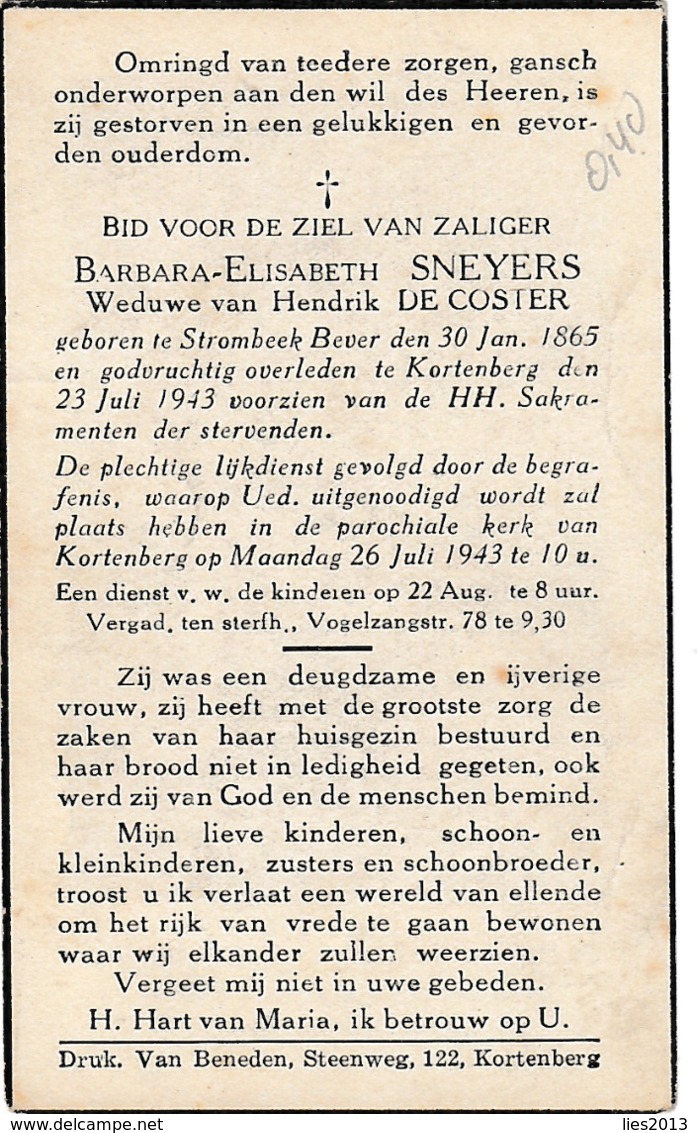 Strombeek-Bever, Kortenberg, 1943, Barbara Sneyers, De Coster - Images Religieuses