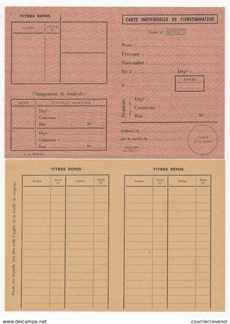 FRANCE - Carte Individuelle De Consommateur + 6 Feuillets De Tickets Ou Coupons - Non Datés ( RATIONNEMENT ) - Non Classés