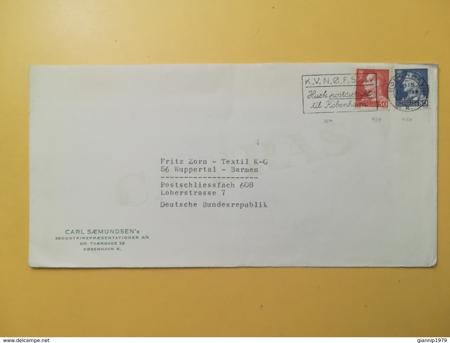 1967 BUSTA INTESTATA DANIMARCA DENMARK BOLLO RE FEDERICO IX FREDERICK ANNULLO OBLITERE' COPENAGHEN ETICHETTA - Storia Postale