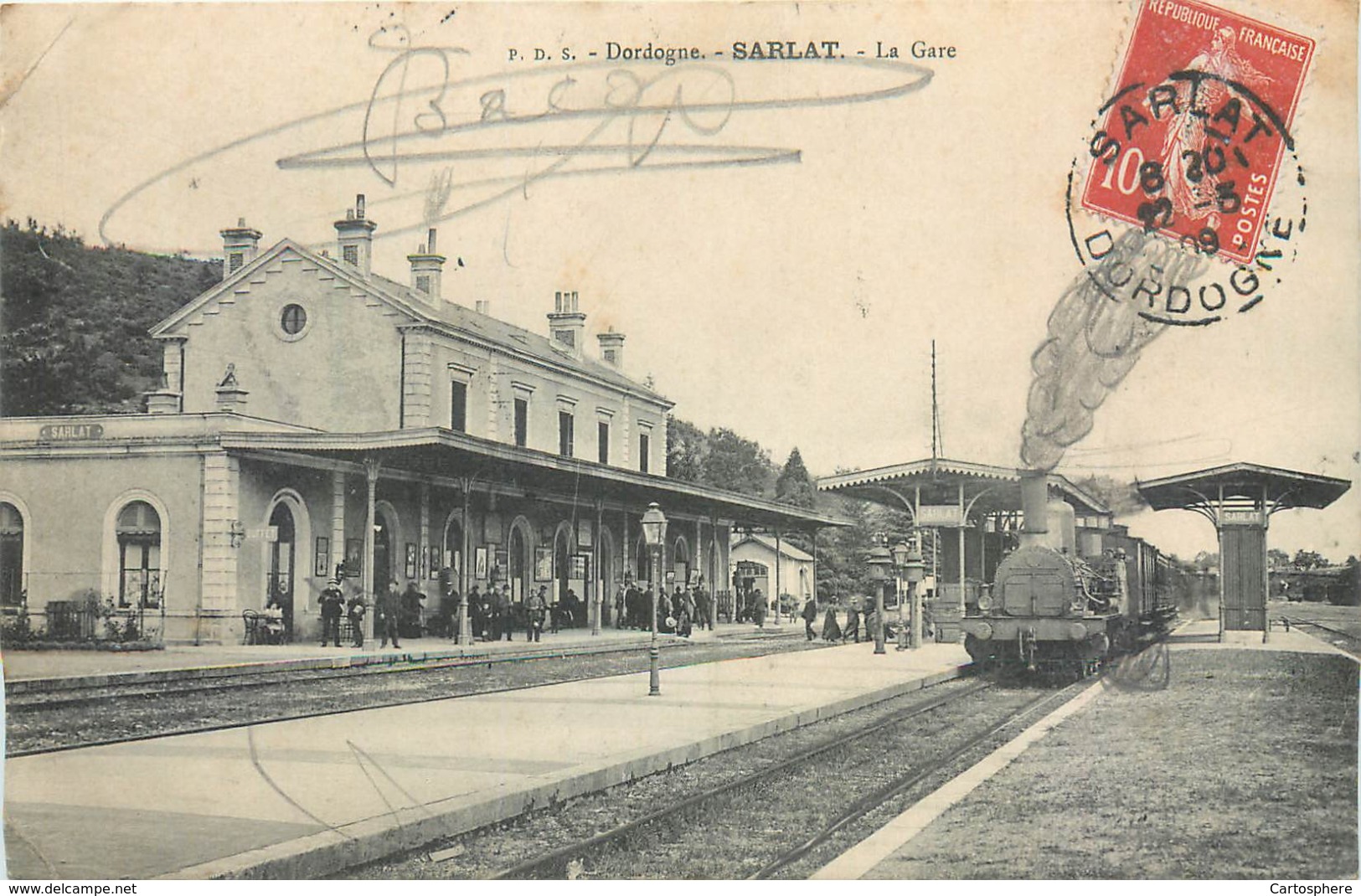 CPA 24 Dordogne Sarlat La Gare Train (vapeur Dessinée Au Crayon Par Expéditeur ?) Voyageurs Locomotive - Sarlat La Caneda