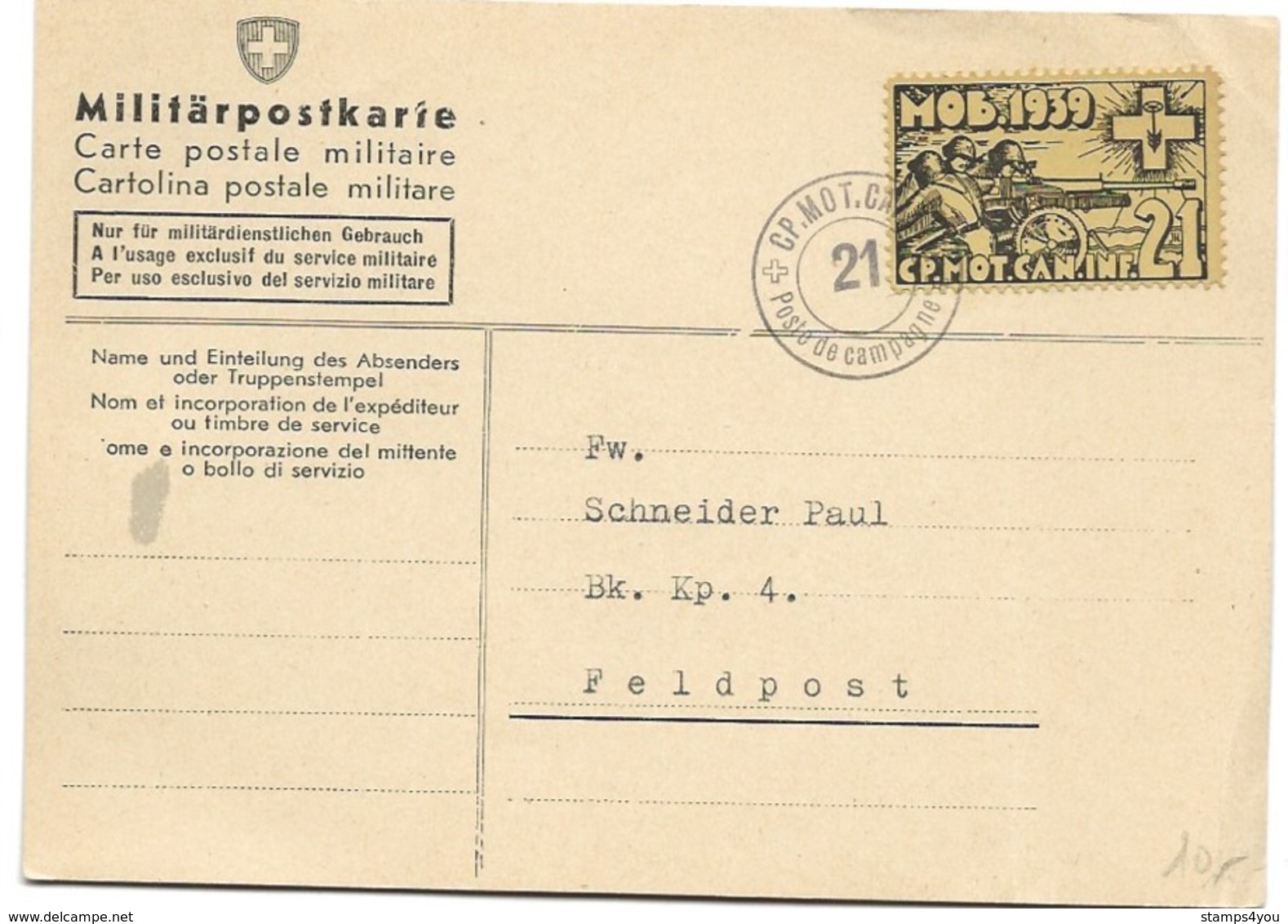 208 - 71 - Carte Avec Timbre Et Cachet "CP Mob Can Inf 21" - Dokumente