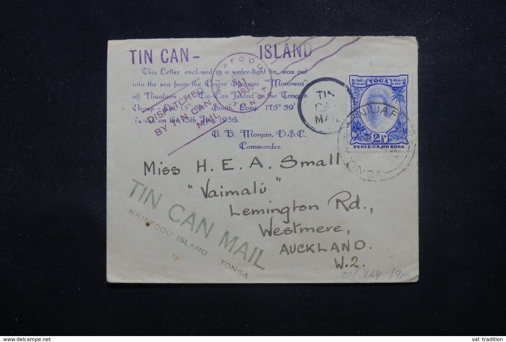 TONGA - Enveloppe " Tin Can Mail " En 1936 Pour Auckland , Cachets Et Affranchissement Plaisants - L 45122 - Tonga (...-1970)