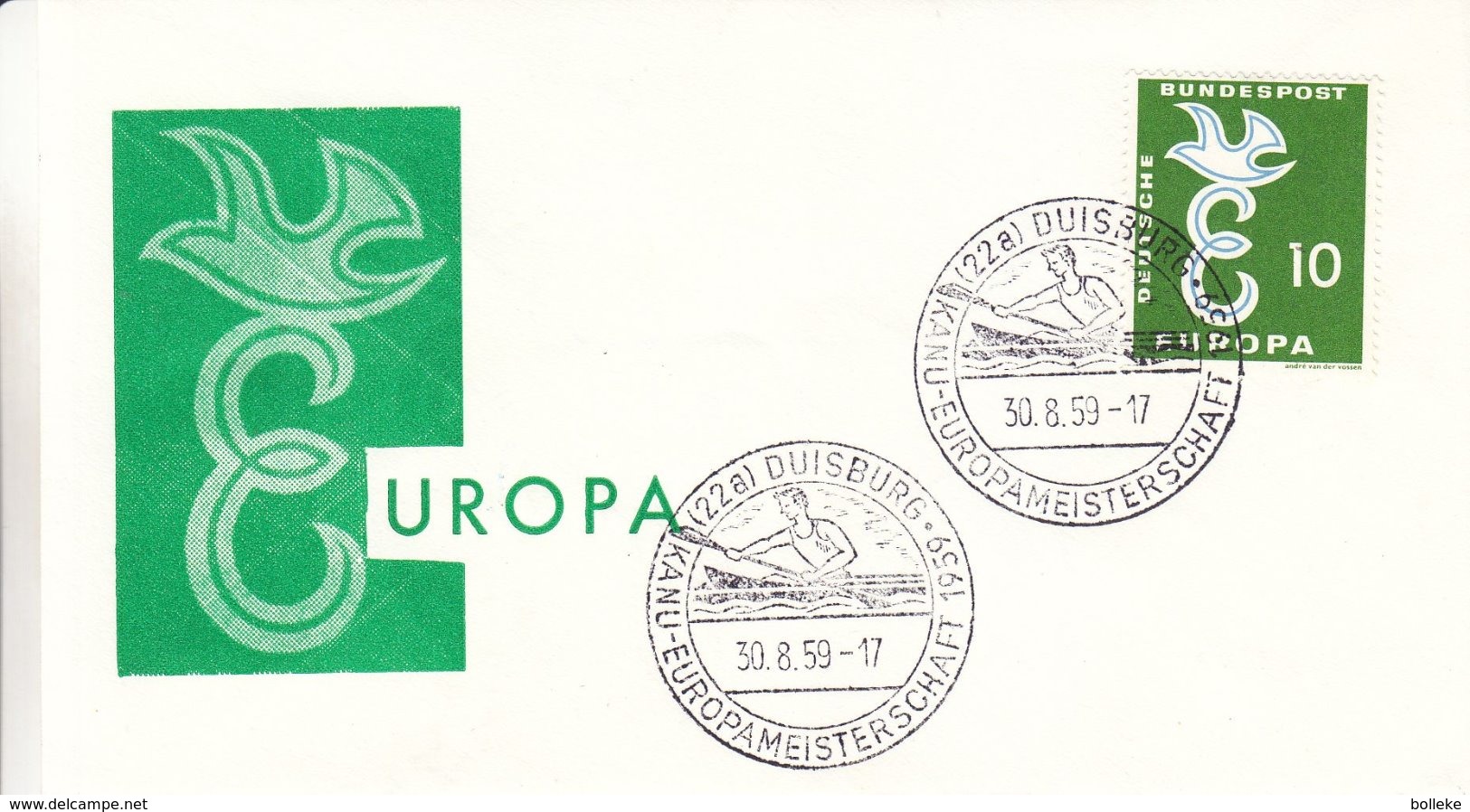 Canoë - Allemagne - République Fédérale - Lettre De 1959 - Oblit Duisburg - Championnat D'europé De Canoë - Europa 58 - Kanu