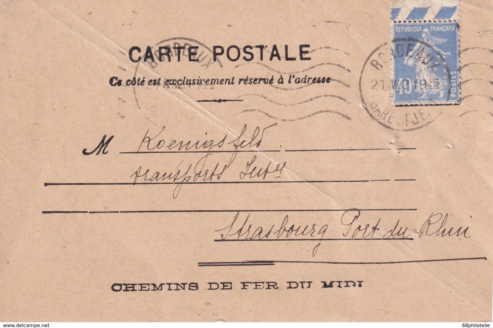 FRANCE 1932 CARTE DE BORDEAUX   TIMBRE PERFORE/PERFIN - Autres & Non Classés
