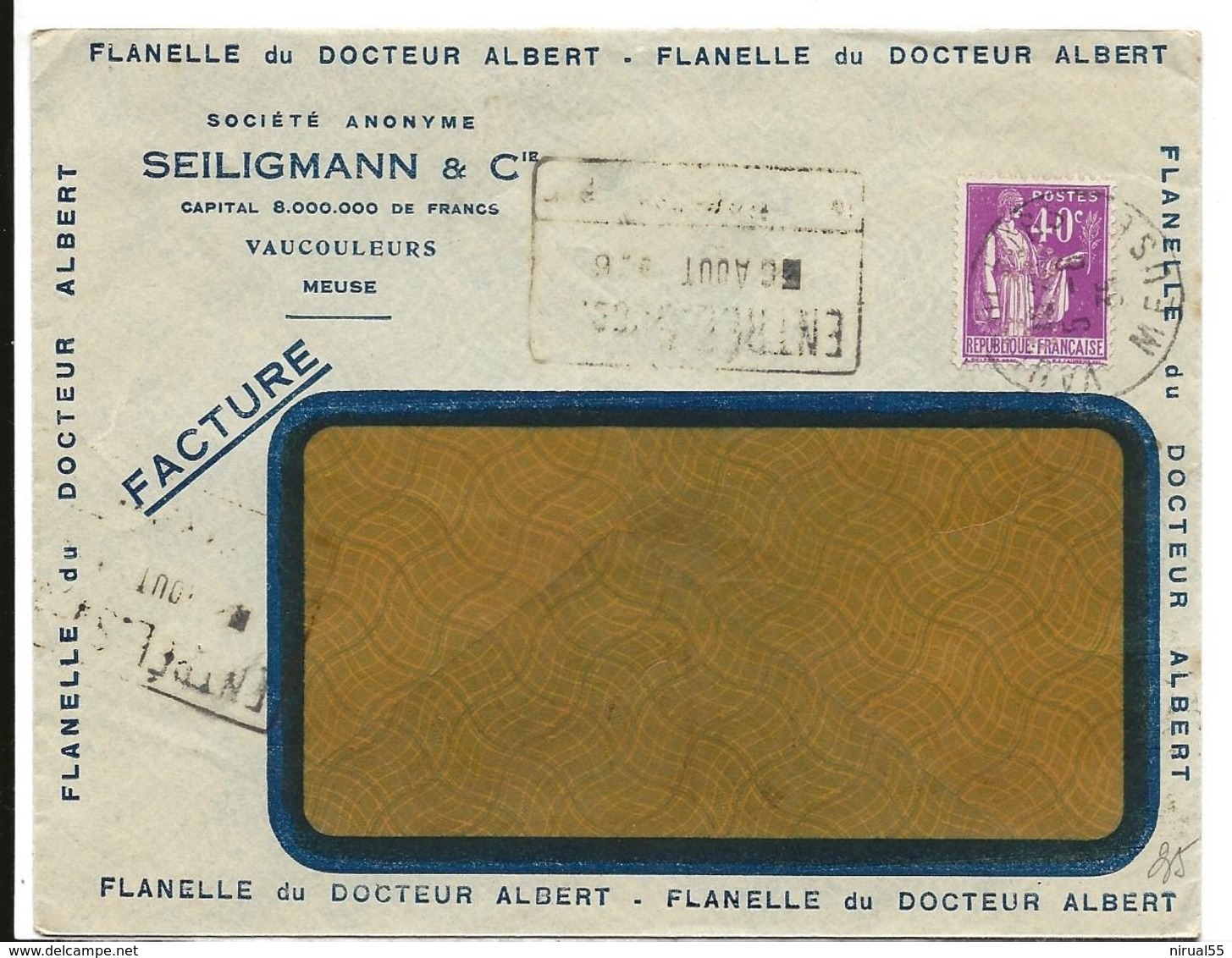 PERFORE SS Seiligmann Vaucouleurs Sur 40c Paix 1926..G - Autres & Non Classés