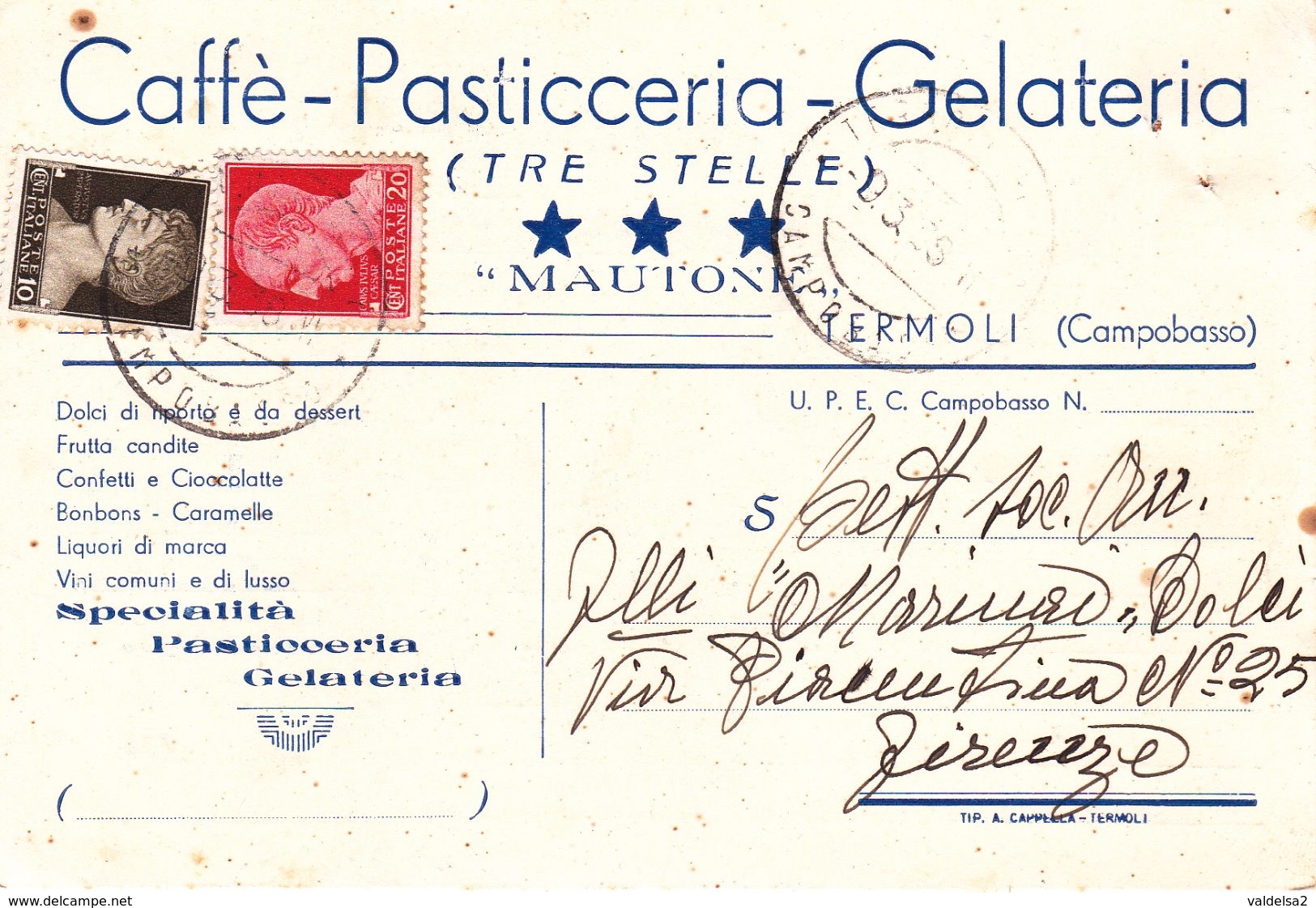 TERMOLI - CAMPOBASSO - CAFFE' PASTICCERIA GELATERIA "MAUTONE" TRE STELLE - DOLCI CONFETTI LIQUORI VINI CARAMELLE - 1938 - Campobasso