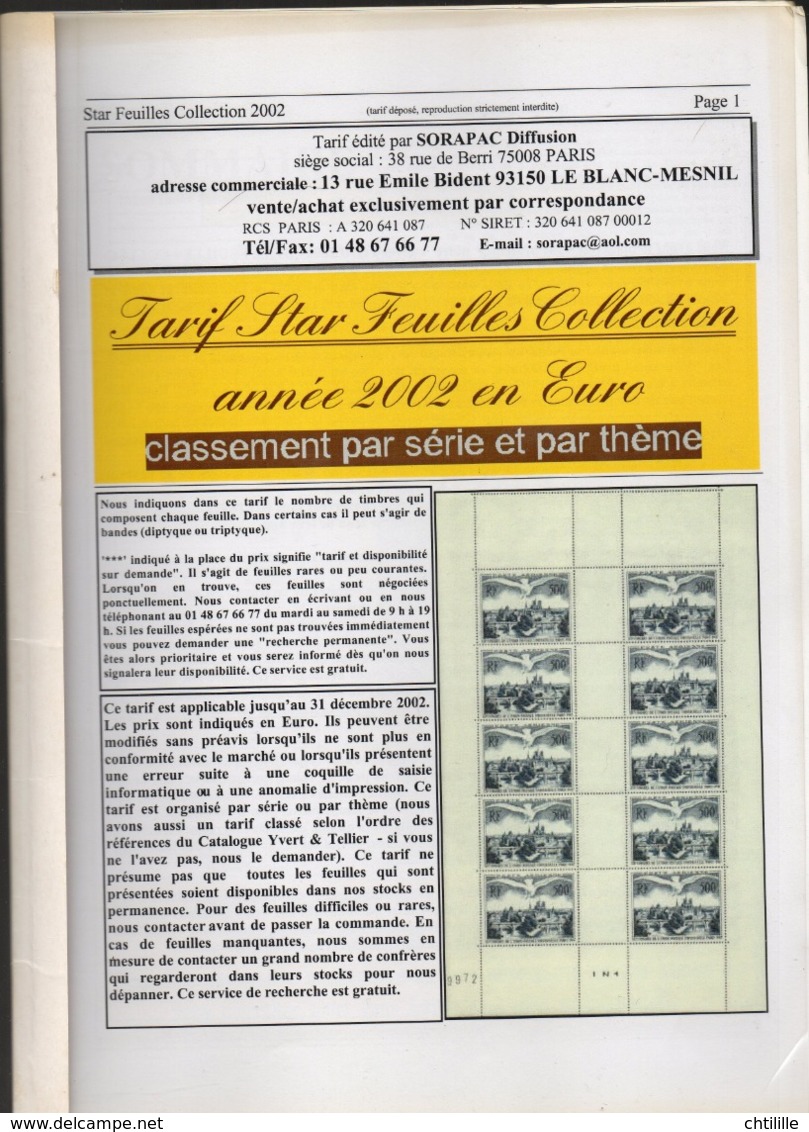 DT239 CATALOGUE TARIF STAR FEUILLES COLLECTION ANNEE 2002 - Catalogues De Maisons De Vente