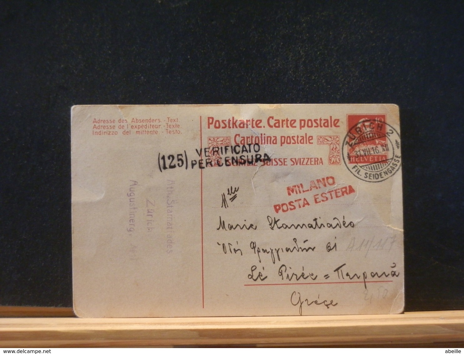 A10/117  CP   1916   POUR LA GRECE DOUBLE CENSURE - Enteros Postales