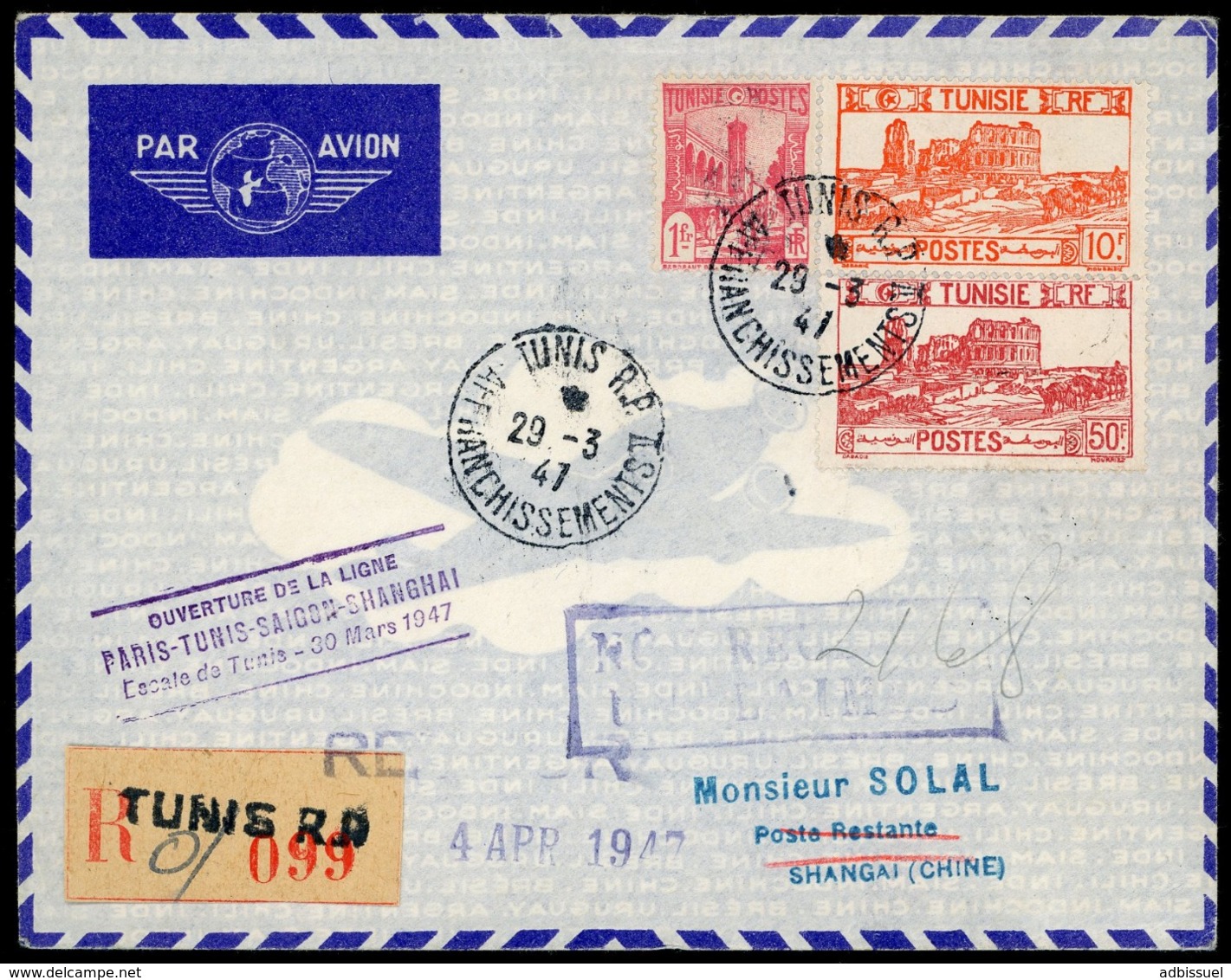 VOL TUNIS - SAIGON - SHANGAI En 1947 / Griffe Violette "OUVERTURE DE LA LIGNE". Voir Description - Covers & Documents