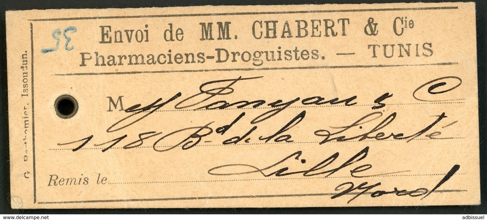 ETIQUETTE DE COLIS POUR LA FRANCE EN 1913 / PAIRE Du N° 35 Obl. C-à-d "TUNIS R.P. CHARGEMENTS III 19/5/13". SUPPORT RARE - Lettres & Documents