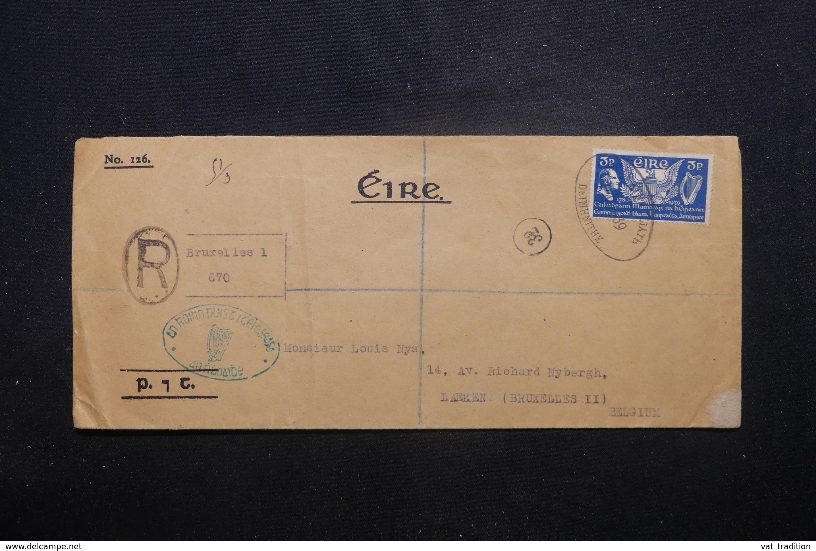 IRLANDE - Enveloppe En Recommandé Pour La Belgique En 1939, Voir étiquettes Belge Au Verso - L 45146 - Cartas & Documentos
