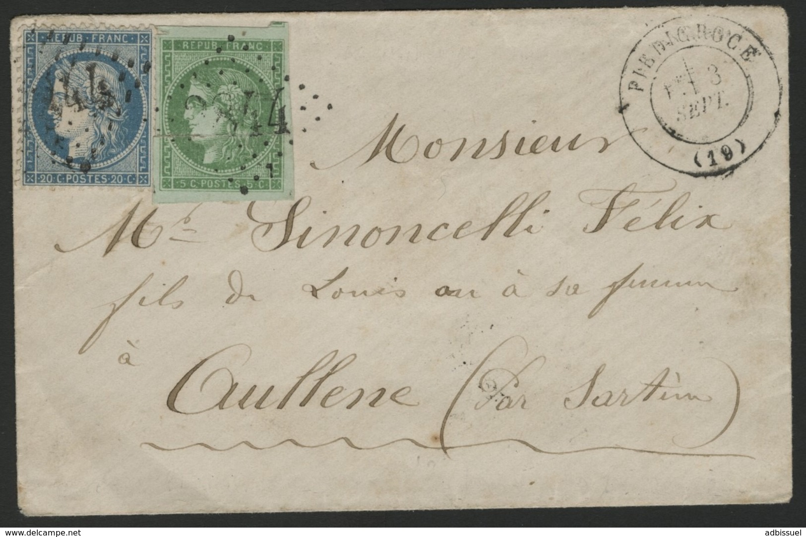 CORSE PIEDICROCE N° 42B + N° 37 Obl. GC "2844" + C-à-d (T17) "PIEDICROCE (19) 3/9/-". Affranchissement De Septembre 1871 - 1849-1876: Période Classique