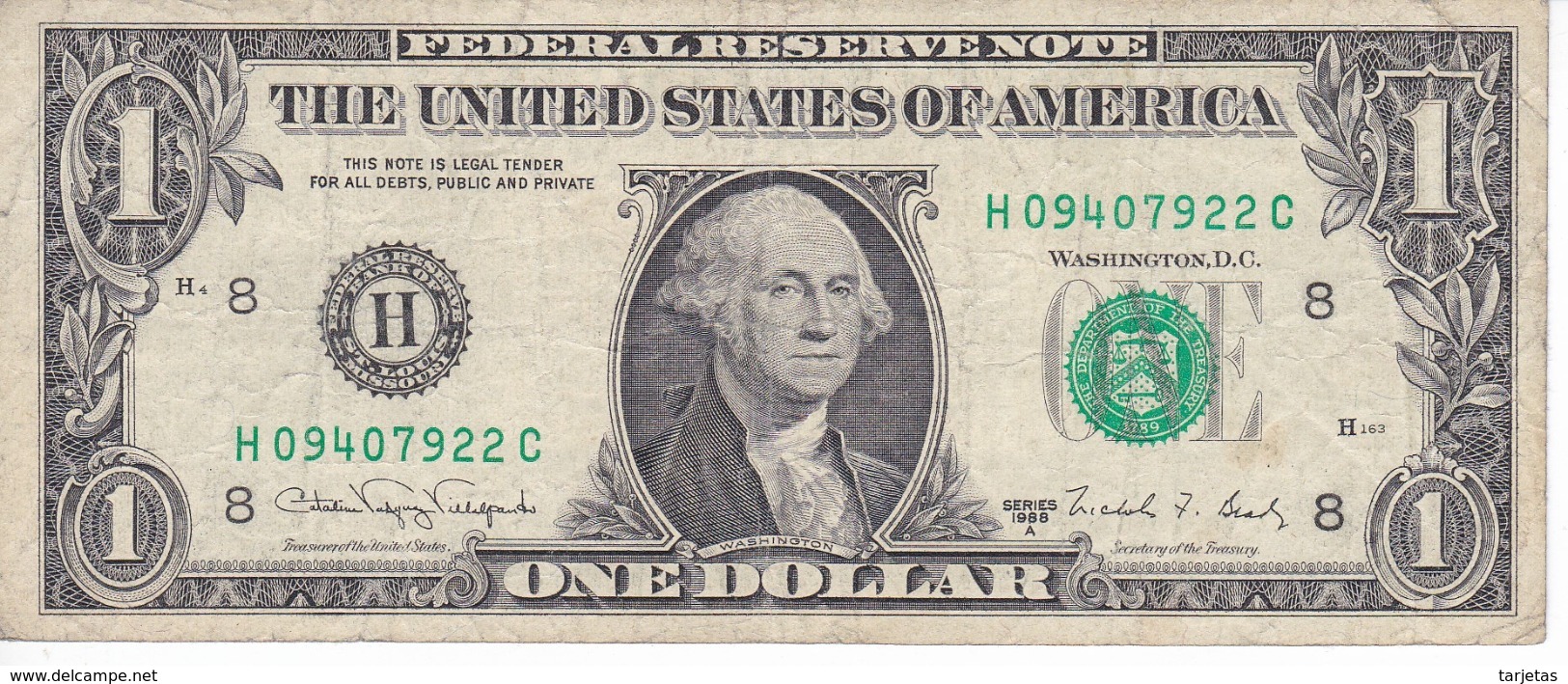 BILLETE DE ESTADOS UNIDOS DE 1 DOLLAR DEL AÑO 1988 A LETRA H ST. LOUIS (BANK NOTE) - Biljetten Van De  Federal Reserve (1928-...)