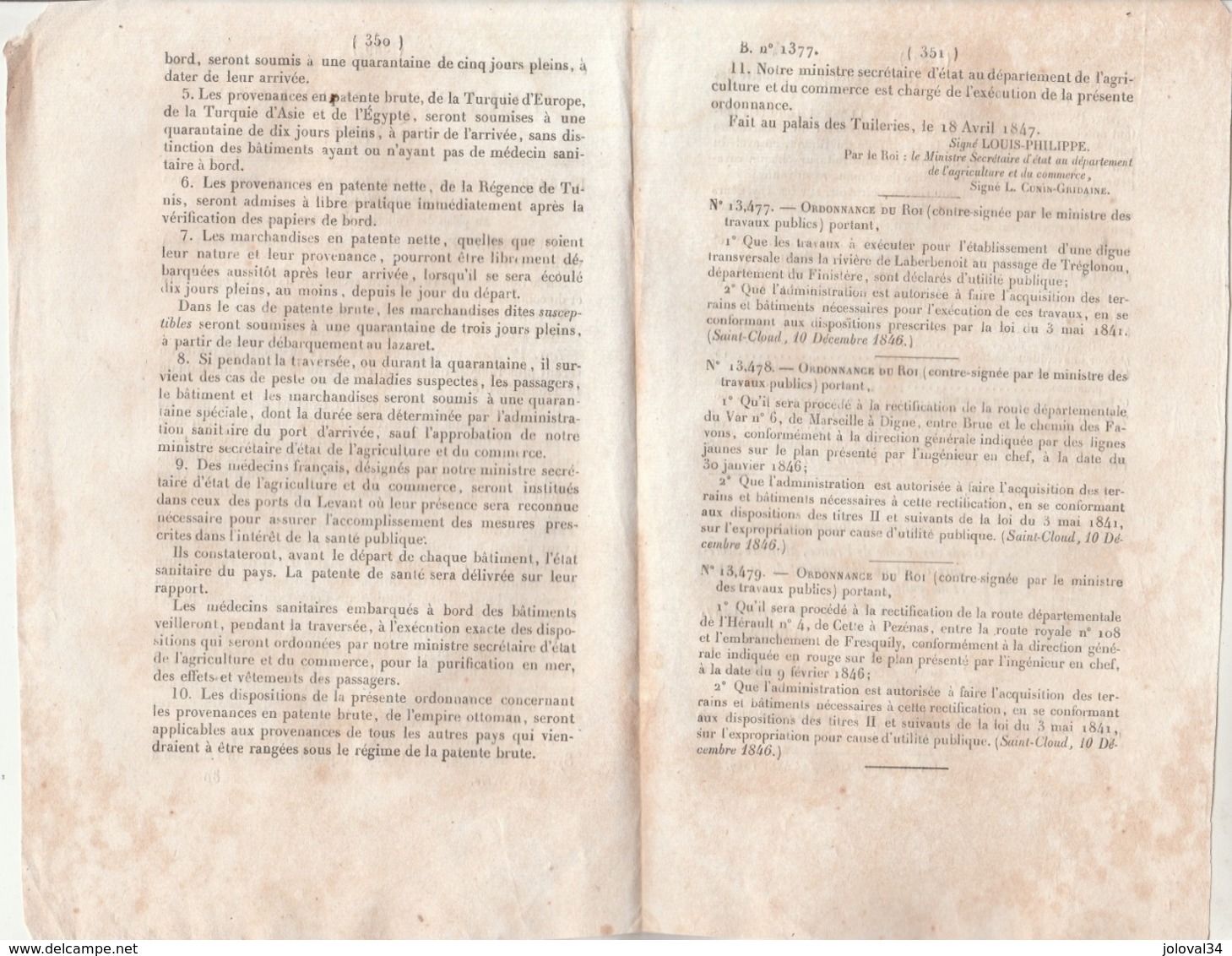 Bulletin Des Lois 1377 De 1847 Ordonnance Relative Aux Provenance Des Pays Suspects De Peste - Digue Tréglonou - 4 Pages - Décrets & Lois