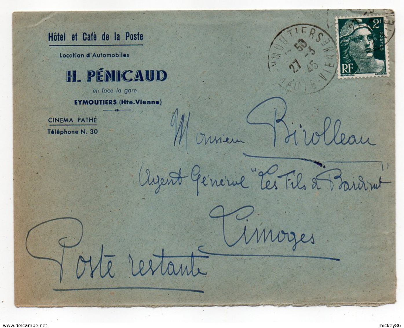 1945--Lettre De EYMOUTIERS-87 Pour LIMOGES-87--tp Marianne Gandon-cachet Rond--Pénicaud - 1921-1960: Periodo Moderno