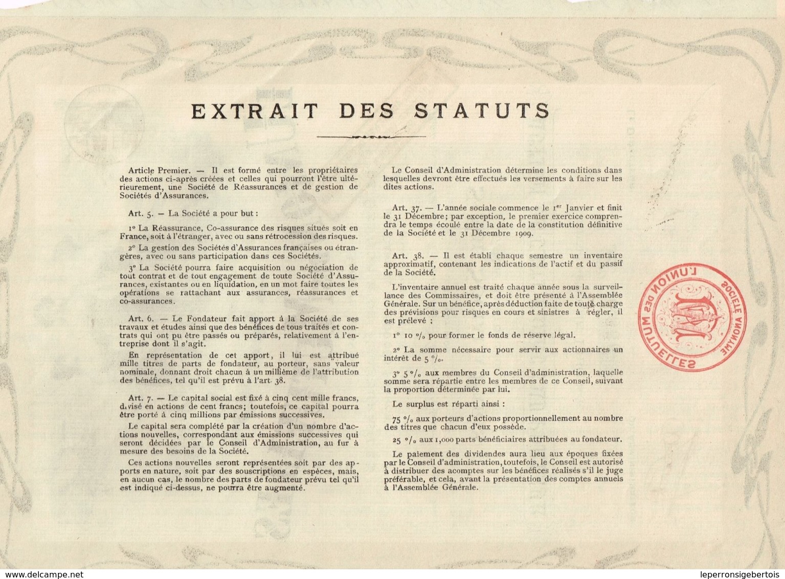 Ancien Titre - L'Union Des Mutuelles Société Anonyme De Gestion & De Réassurances - Titre De 1908 - Déco - Banque & Assurance