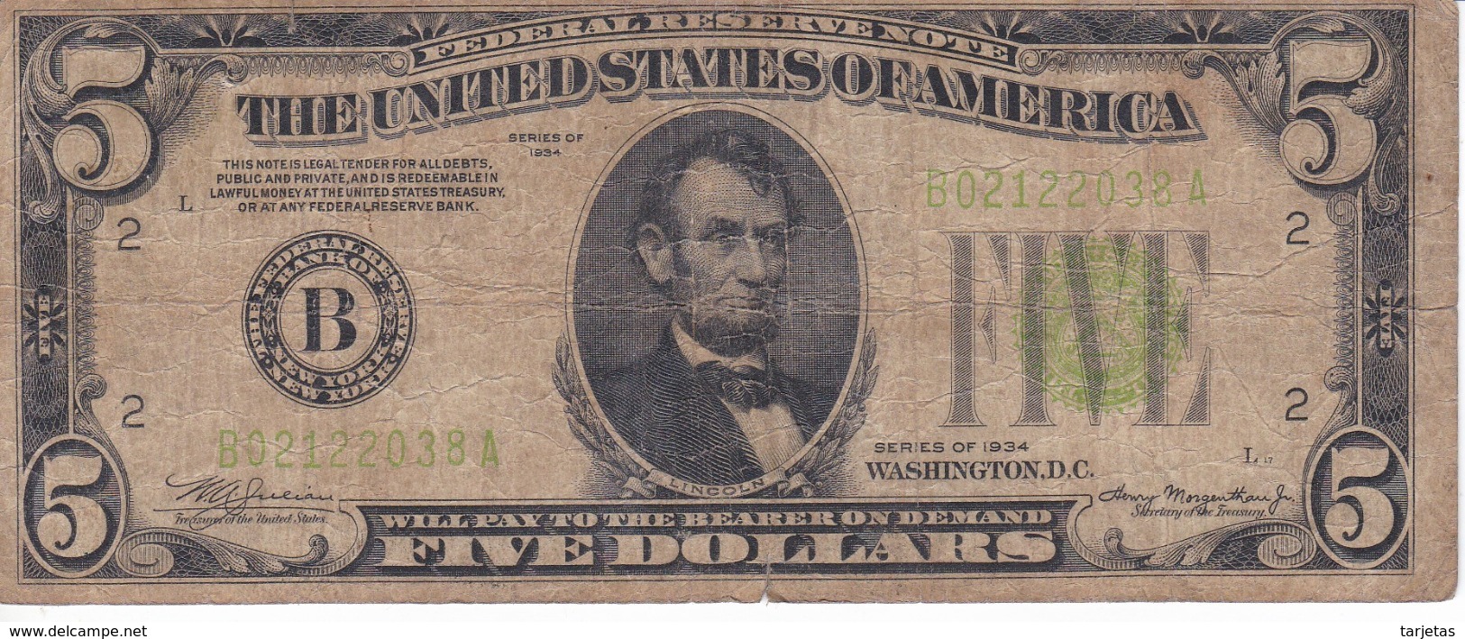 BILLETE DE ESTADOS UNIDOS DE 5 DOLLARS DEL AÑO 1934 LETRA B NEW YORK  (BANK NOTE) - Biljetten Van De  Federal Reserve (1928-...)