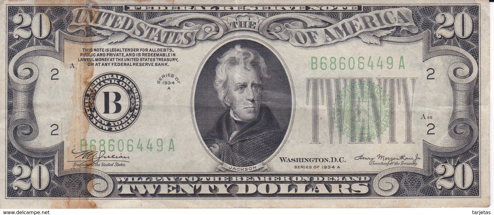 BILLETE DE ESTADOS UNIDOS DE 20 DOLLARS DEL AÑO 1934 A LETRA B NEW YORK  (BANK NOTE) - Biljetten Van De  Federal Reserve (1928-...)