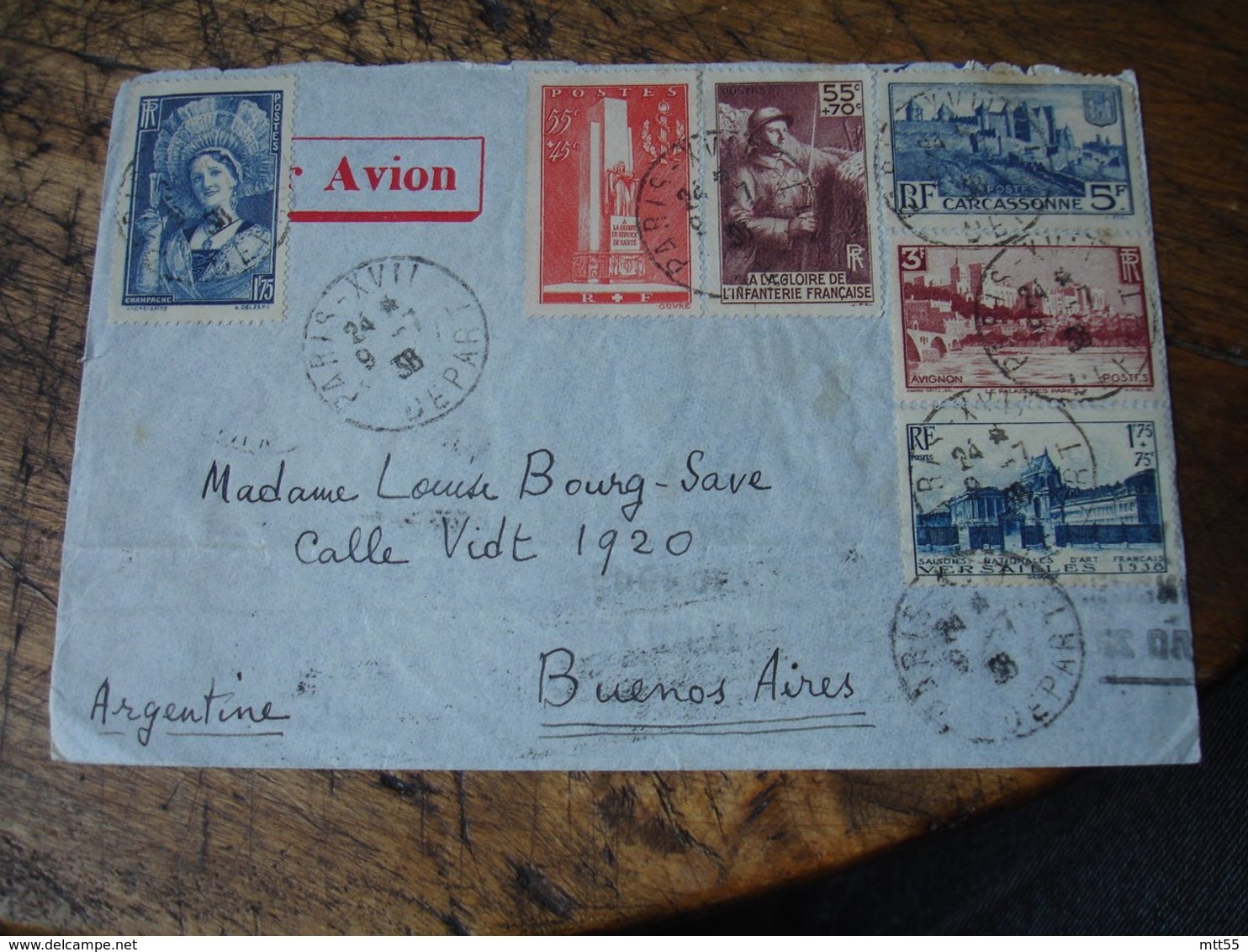 Lettre 6 Timbre Carcassonne 5 F Avignon 3 F  Infanterie 55 Versailles 30 Champenoise Sur Lettre Pour Argentine - 1921-1960: Modern Period