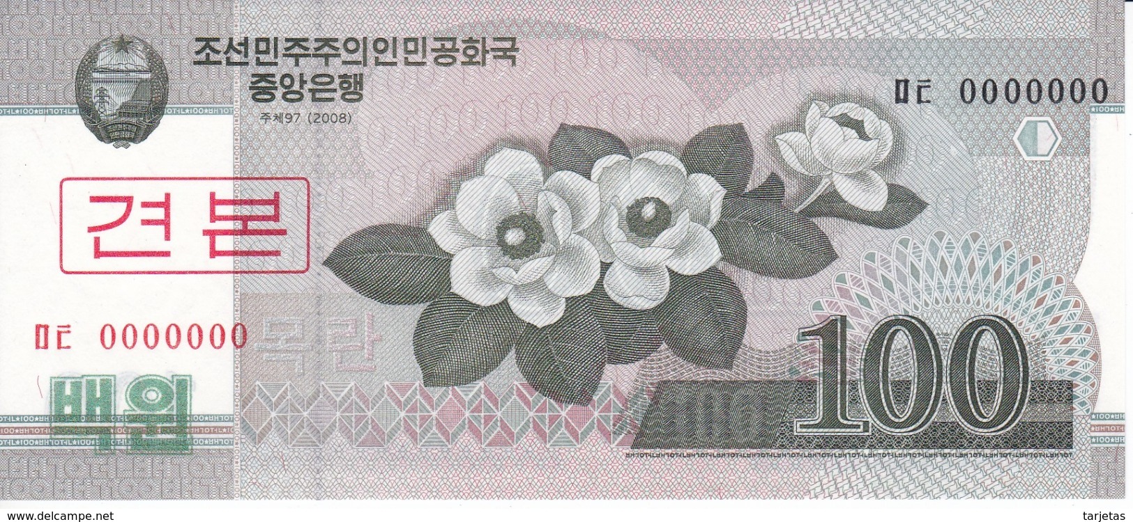 SPECIMEN - BILLETE DE COREA DEL NORTE DE 100 WON DEL AÑO 2008 (BANKNOTE) SIN CIRCULAR-UNCIRCULATED - Corea Del Norte