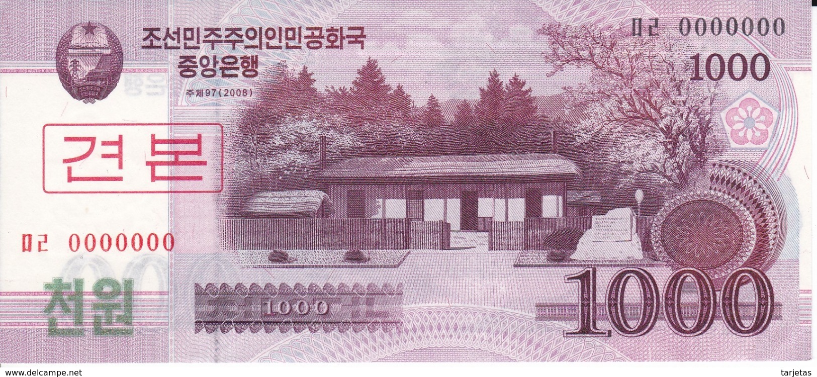 SPECIMEN - BILLETE DE COREA DEL NORTE DE 1000 WON DEL AÑO 2008 (BANKNOTE) SIN CIRCULAR-UNCIRCULATED - Corea Del Norte