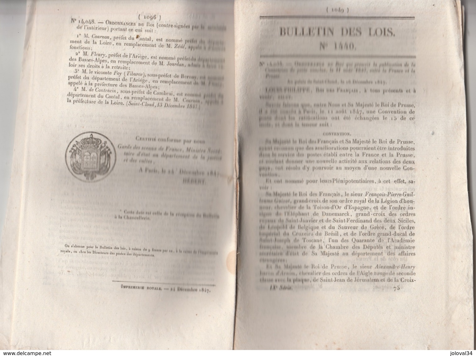 Bulletin Des Lois N°1440 De 1847 Ordonnance Convention Poste Entre France Et Prusse - 48 Pages - 1801-1848: Precursors XIX