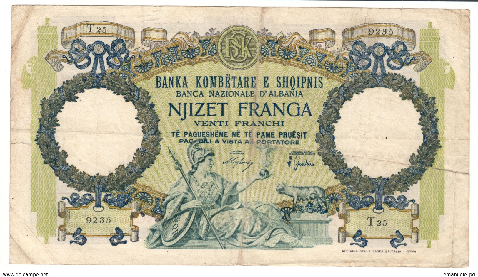 Albania 20 Franga 1939 Italian Occupation (Tear / Taglio) - Albania