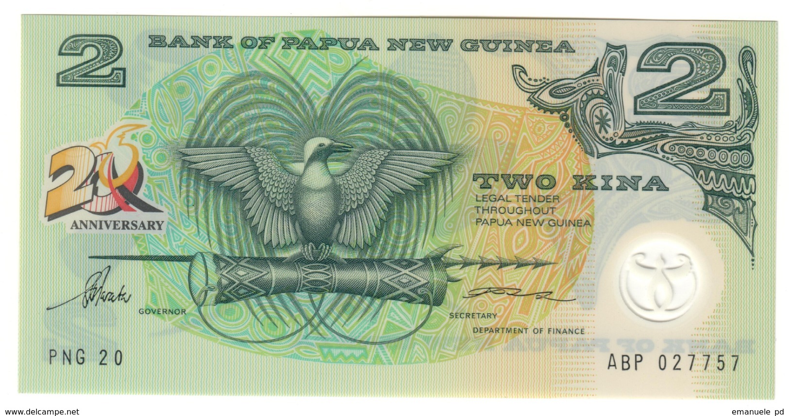 Papua New Guinea 2 Kina 1995 Pick 15 Commemorative 20 Years UNC - Papua New Guinea