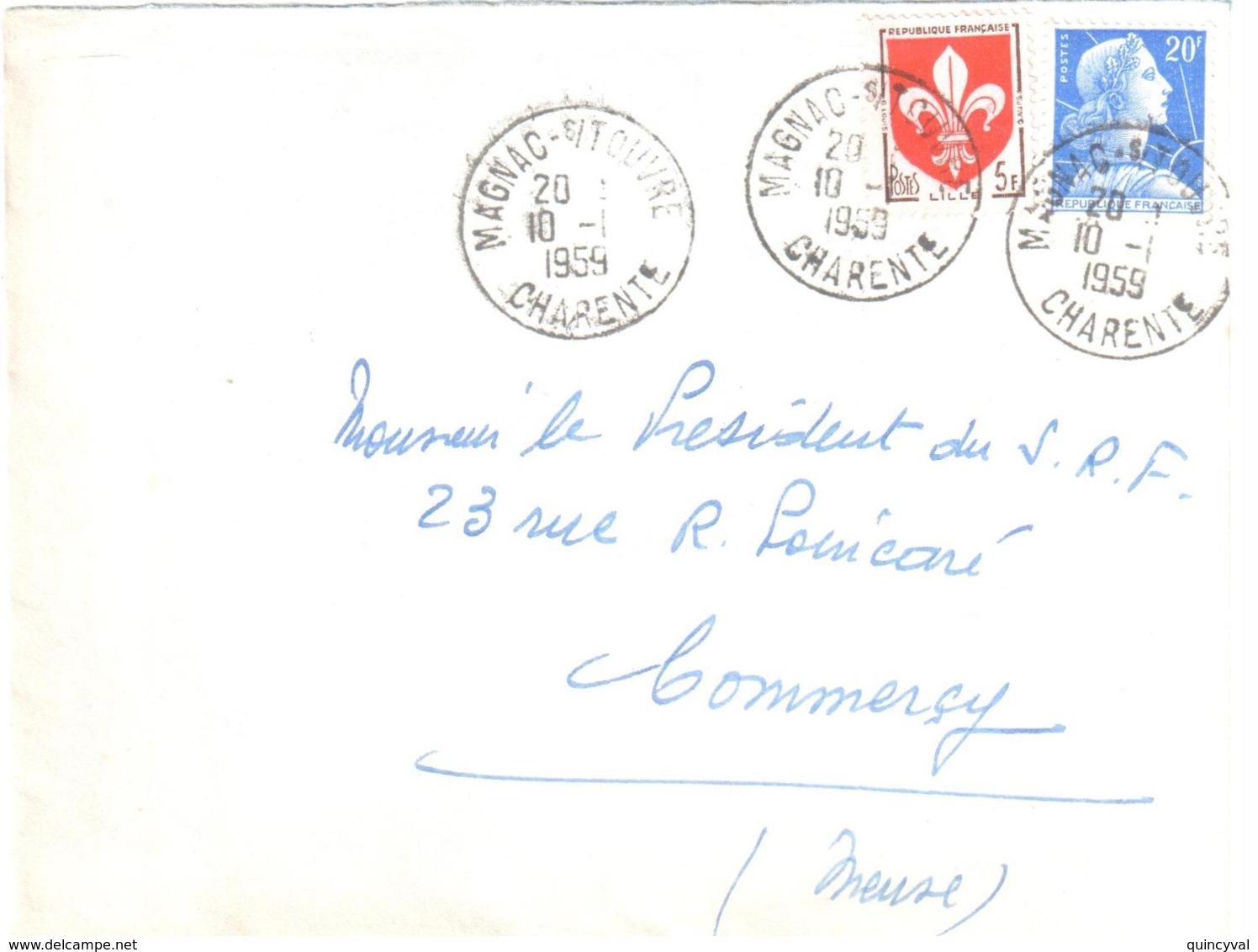 MAGNAC Sur TOUVRE Charente Lettre 20 F Muller 5 F Blason Lille Yv 1011B 1186 Ob 10 1 1959 Dest Commercy Meuse - Lettres & Documents