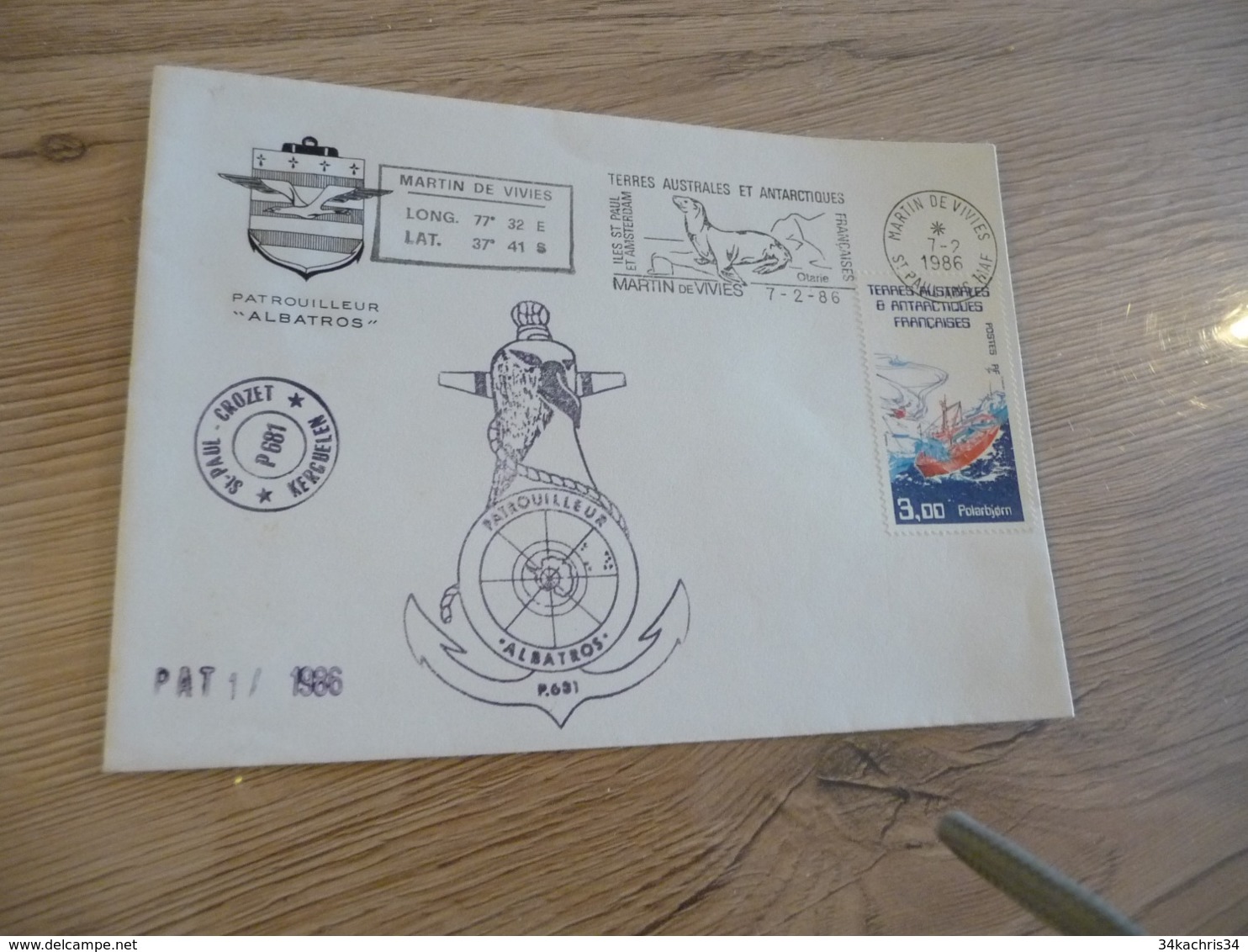Lettre TAAF Saint Paul Crozet Patrouilleur Albatros  1986 Autographes - Storia Postale