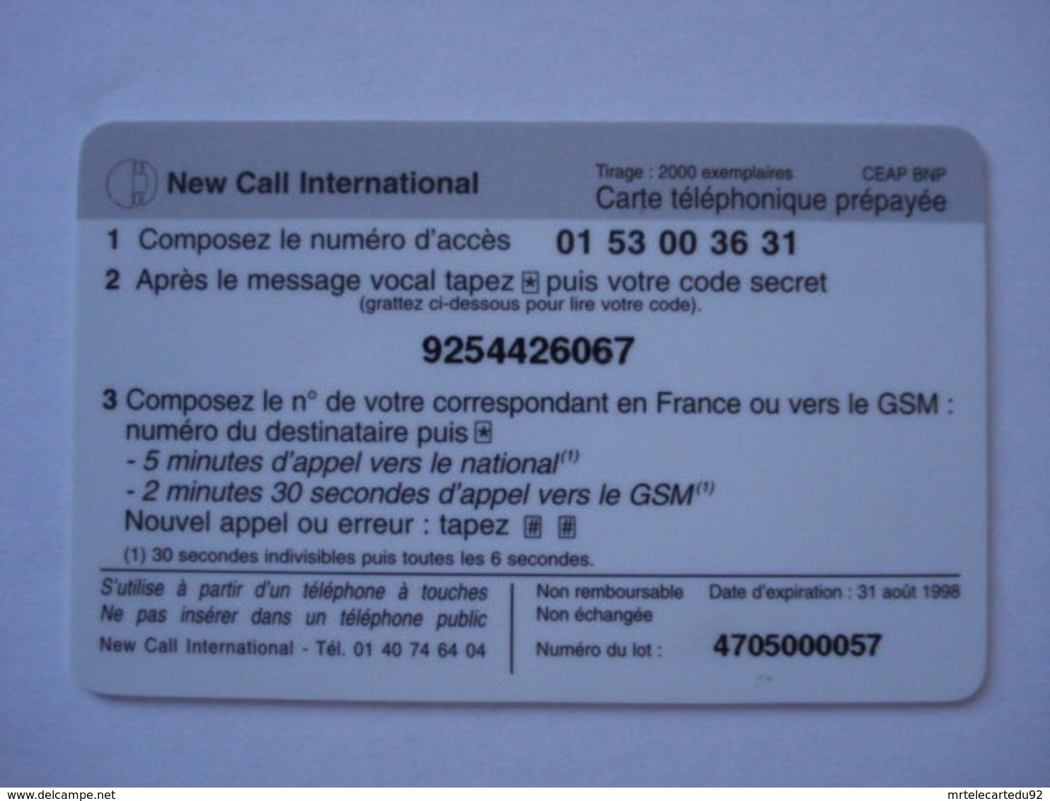 Carte Téléphonique Prépayée " New Call International " (utilisé). Petit Prix De Départ ! - Kaarten Voor De Telefooncel (herlaadbaar)