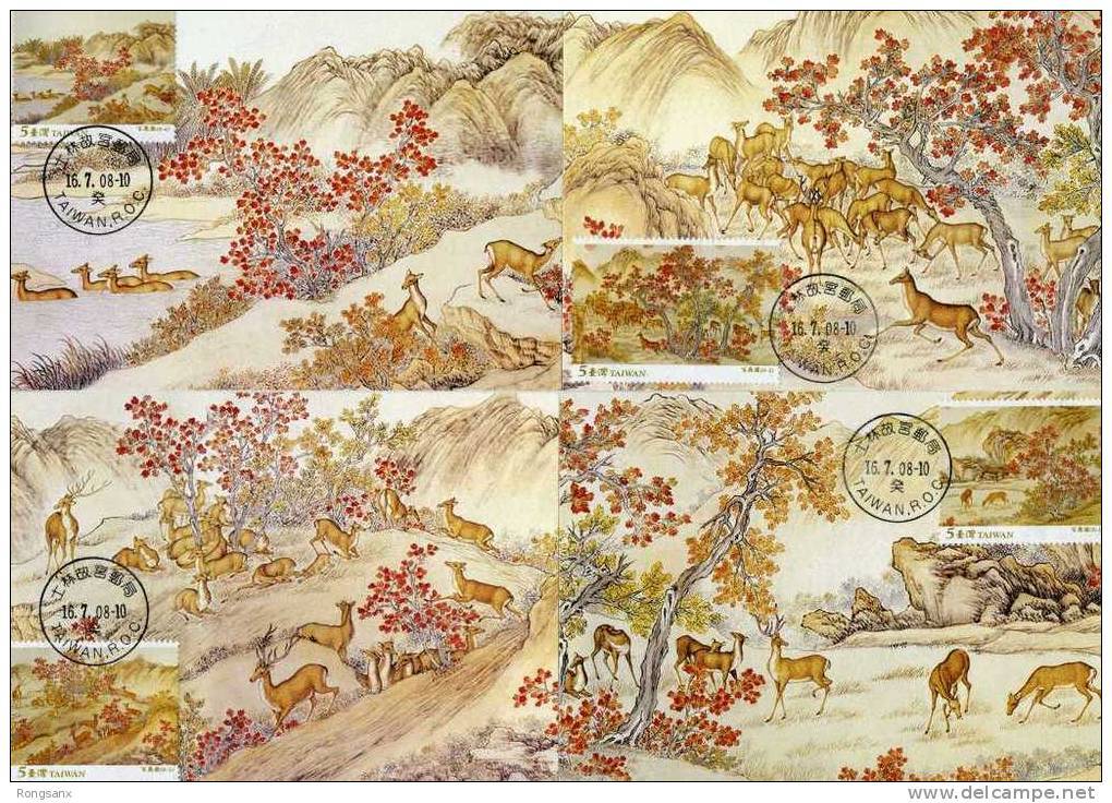 2008 TAIWAN Ancient Painting “A Hundred Deer” By Ignace Sichelbart MC 8V - Cartoline Maximum