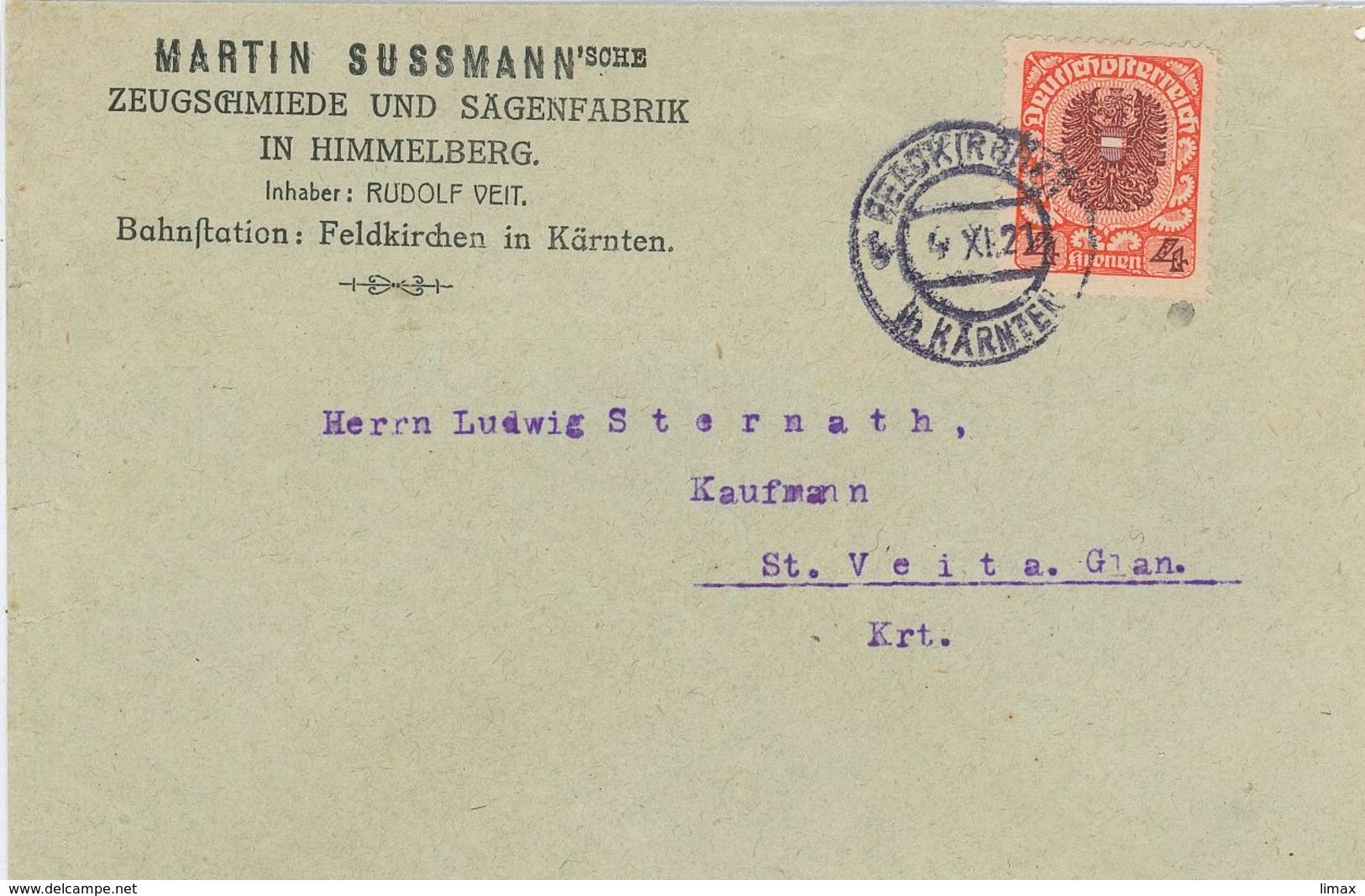 Infla Brief 4 Kronen - Martin Sussmann Zeugschmiede Sägenfabrik Himmelberg Feldkirchen In Kärnten 4.11.1921 - Lettres & Documents