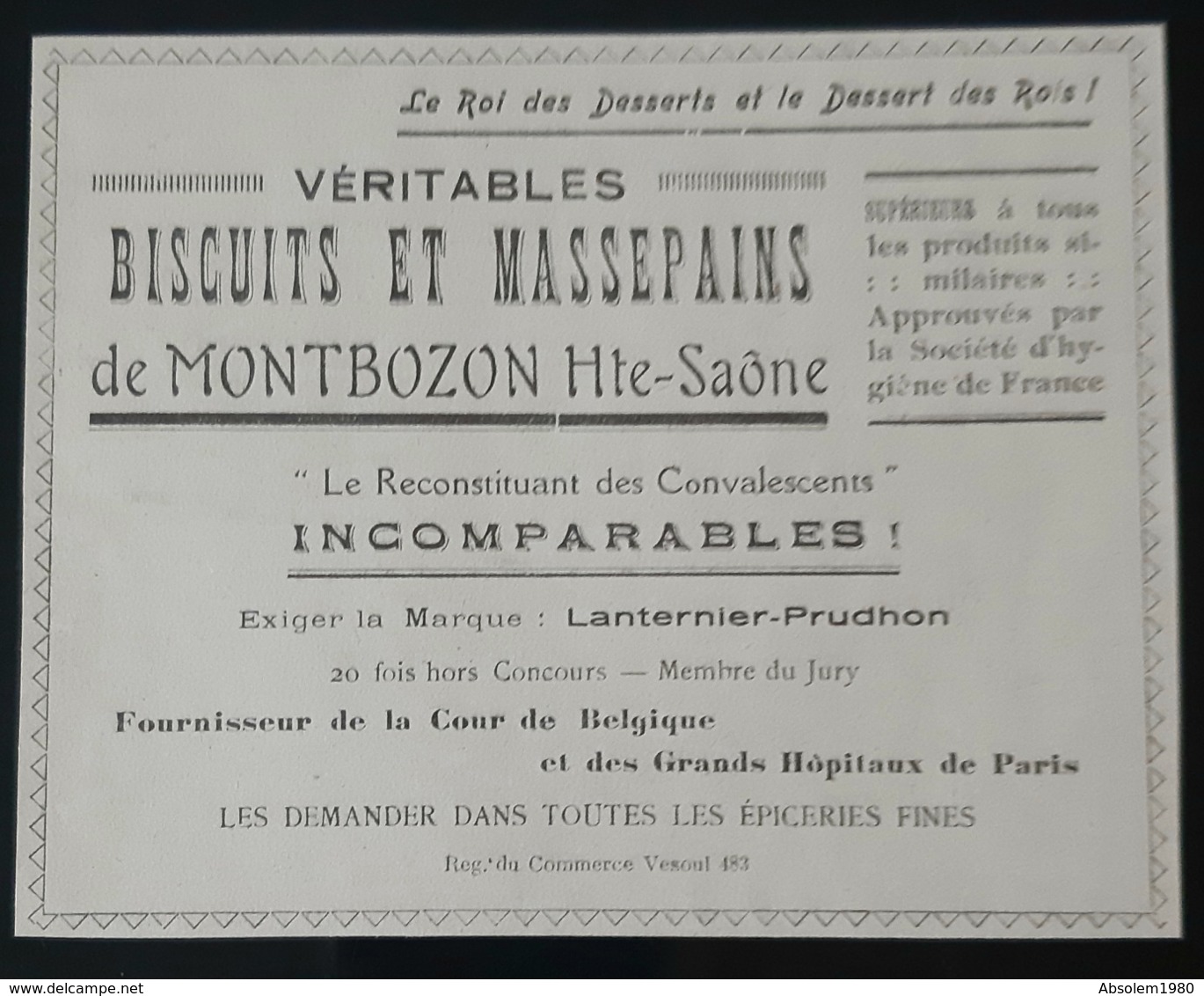 BISCUITS & MASSEPAINS DE MONTBOZON 70 LANTERNIER PRUDHON FOURNISSEUR COUR BELGIQUE 1905 BISCUIT MASSEPAIN - Publicités