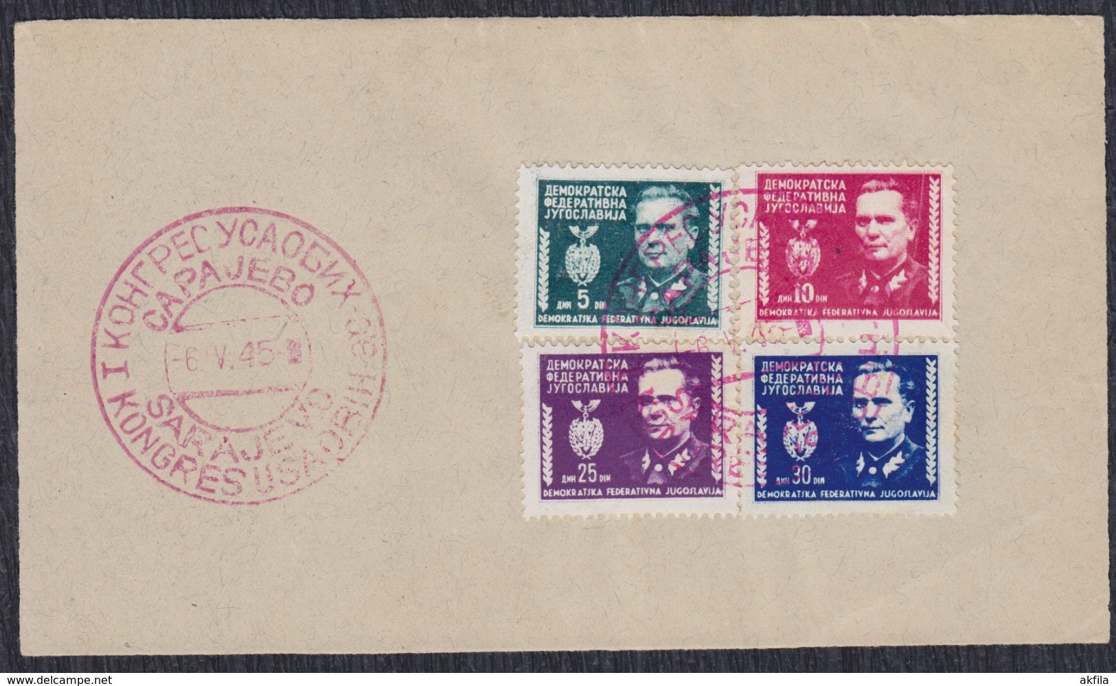 Yugoslavia 1945 Paper With Marshal Tito Definitive Set, Canceled With USAOBIH Congress Postmark; Michel 454-457 - Lettres & Documents