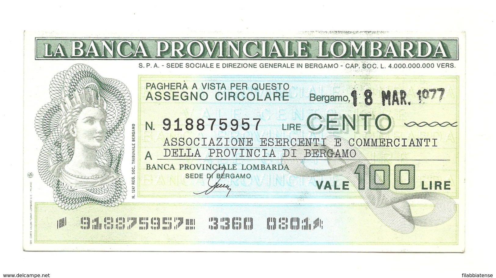 1977 - Italia - Banca Provinciale Lombarda - Ass. Esercenti E  Commercianti Della Provincia Di Bergamo - [10] Assegni E Miniassegni