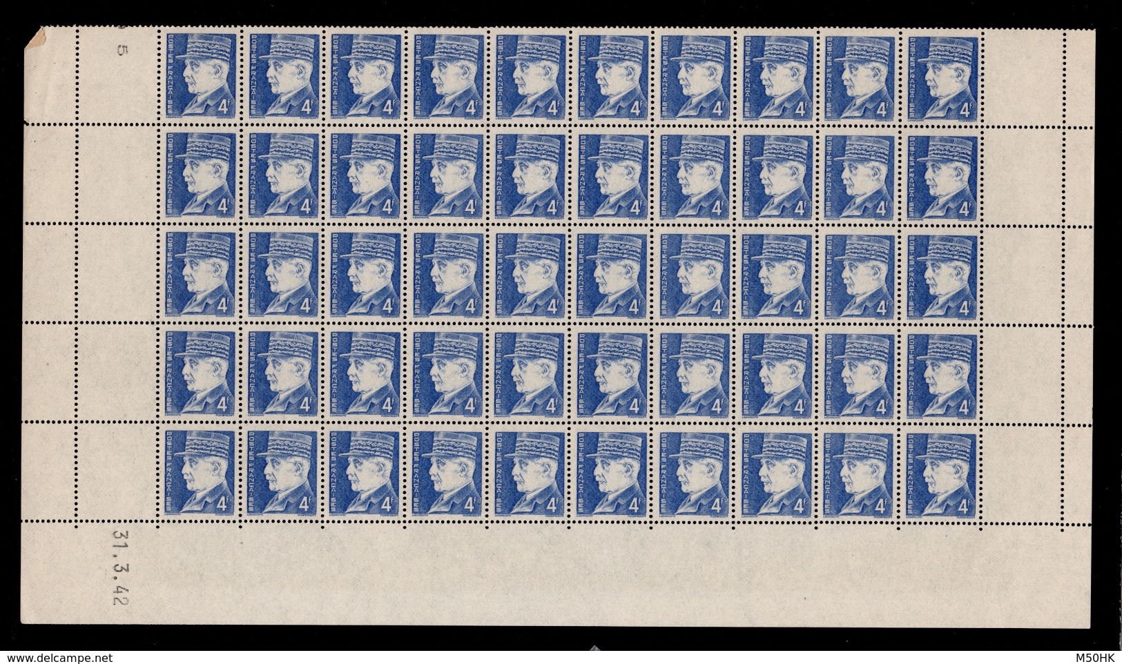 YV 522 N** En Demi Feuille De 50 Timbres Avec Coin Daté Du 31.3.42 - Feuilles Complètes