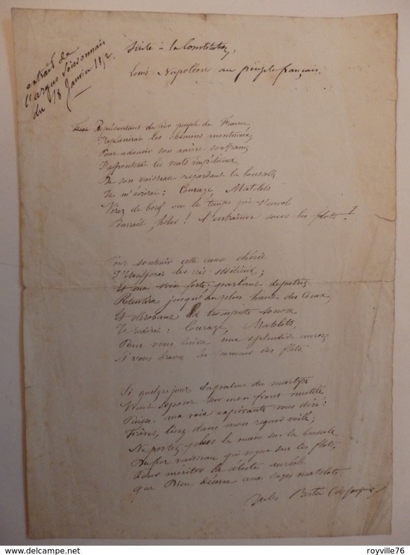 Lettre De Louis Napoléon Aux Français. Extrait De L'argus Soissonnais. - 1800 – 1899