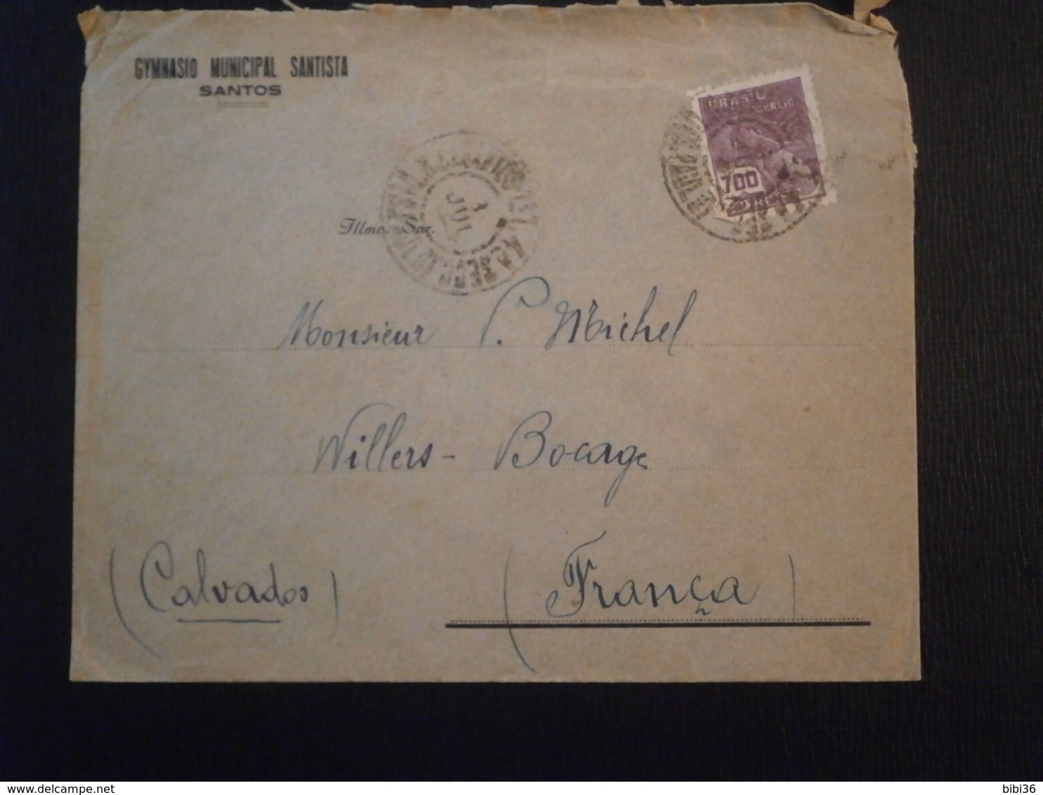 BRASIL BRESIL BRAZIL TIMBRE GYMNASIO MUNICIPAL SANTISTA SANTOS VILLERS BOCAGE CALVADOS LETTRE ENVELOPPE COVER LETTER PLI - Aéreo (empresas Privadas)