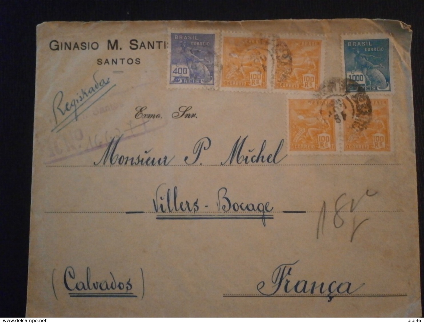 BRASIL BRESIL BRAZIL TIMBRE REGISTRADA RECOMMANDE GINASIO SANTISTA SANTOS VILLERS BOCAGE CALVADOS LETTRE ENVELOPPE COVER - Aéreo (empresas Privadas)