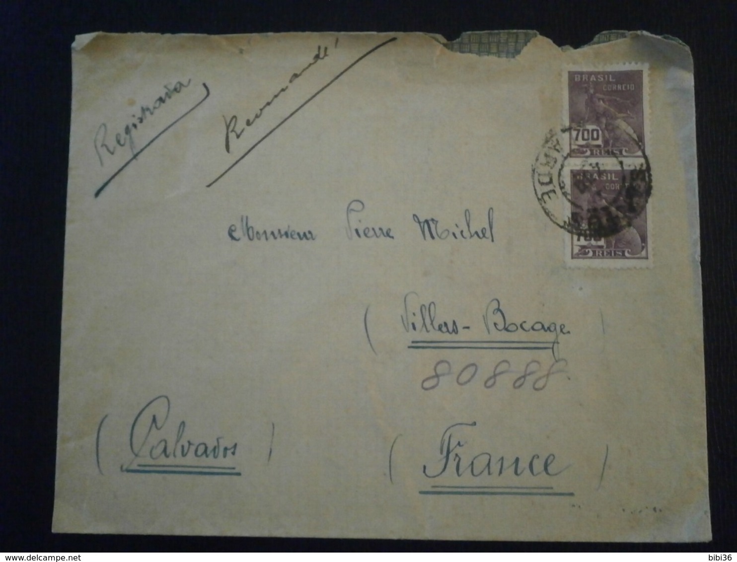 BRASIL BRESIL BRAZIL TIMBRE REGISTRADA RECOMMANDE SANTOS VILLERS BOCAGE CALVADOS LETTRE ENVELOPPE COVER - Airmail (Private Companies)